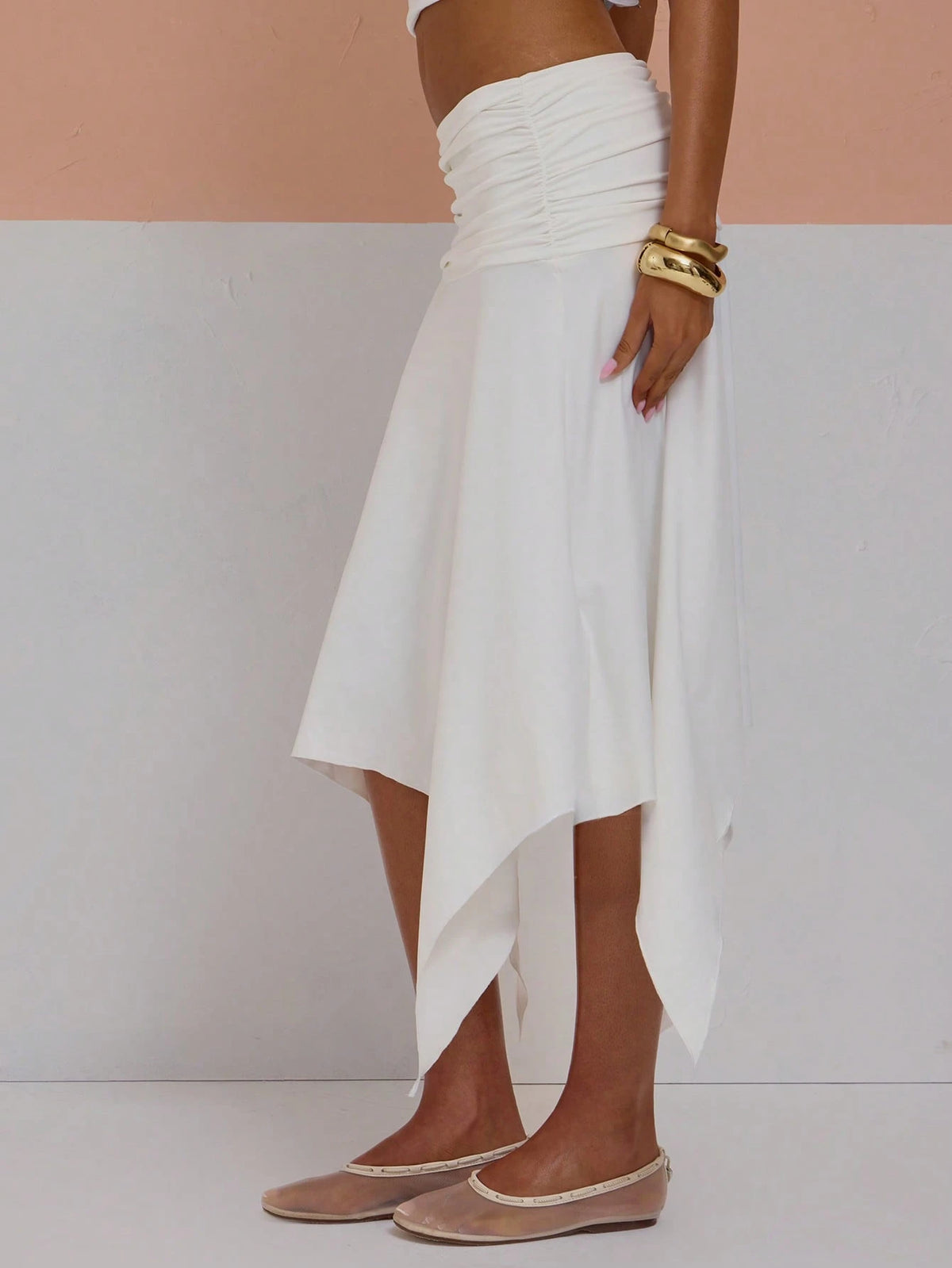 MUSERA Ruched Waist Thigh Split Draped Low Waist Hanky Hem Maxi Skirt Sexy Cute Autumn Holiday Vacation Going Out Beach Girly Cool Girl Late Checkout White