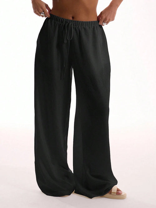 MUSERA Textured Linen Feel Tie Waist Trouser Vacation Summer Elegant Beachwear Boho Casual Boho Airport Spring Holiday