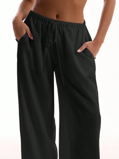 MUSERA Textured Linen Feel Tie Waist Trouser Vacation Summer Elegant Beachwear Boho Casual Boho Airport Spring Holiday
