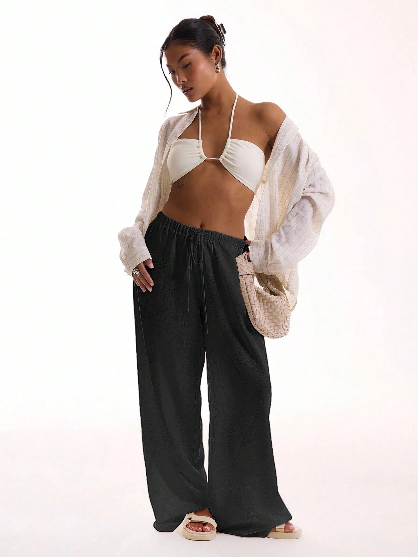 MUSERA Textured Linen Feel Tie Waist Trouser Vacation Summer Elegant Beachwear Boho Casual Boho Airport Spring Holiday