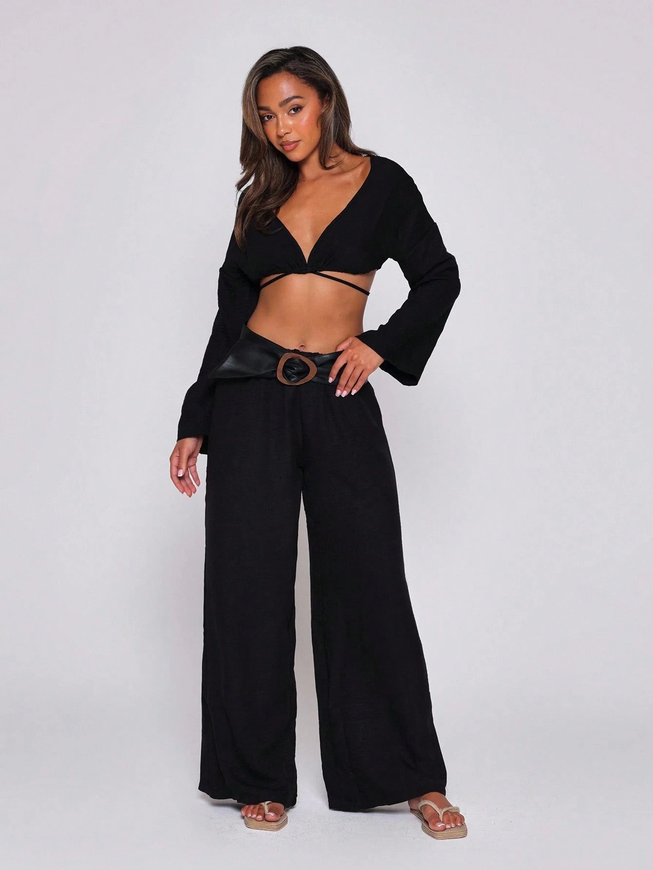 MUSERA Textured Linen Feel Tie Waist Trouser Vacation Summer Elegant Beachwear Boho Casual Boho Airport Spring Holiday