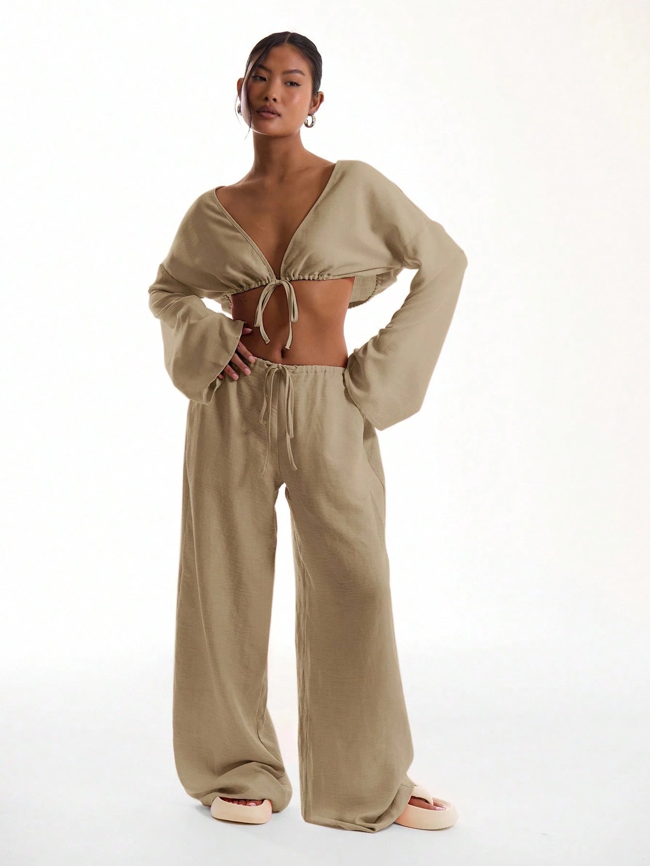 MUSERA Tie Front Linen Feel Beach Trousers Drawstring Pants Vacation Summer Elegant Beachwear Boho Casual Airport Spring Holiday