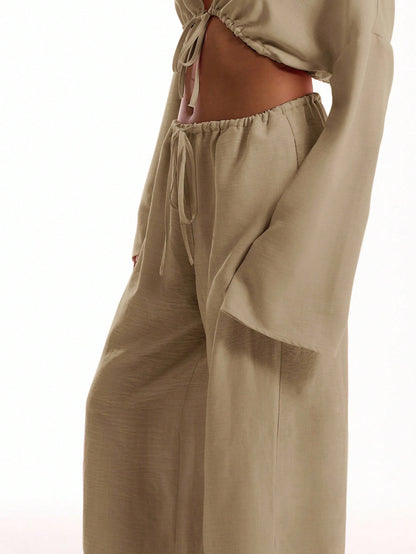 MUSERA Tie Front Linen Feel Beach Trousers Drawstring Pants Vacation Summer Elegant Beachwear Boho Casual Airport Spring Holiday