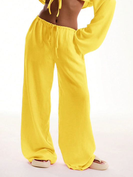 MUSERA Tie Front Linen Feel Beach Trousers Vacation Summer Boho Elegant Holiday Airport Party Fall Casual
