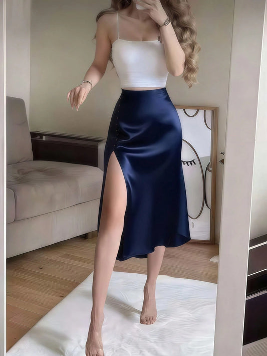 Navy Blue Satin Elegant High-Waist High-Slit Button Decor Fitted Skirt Spring