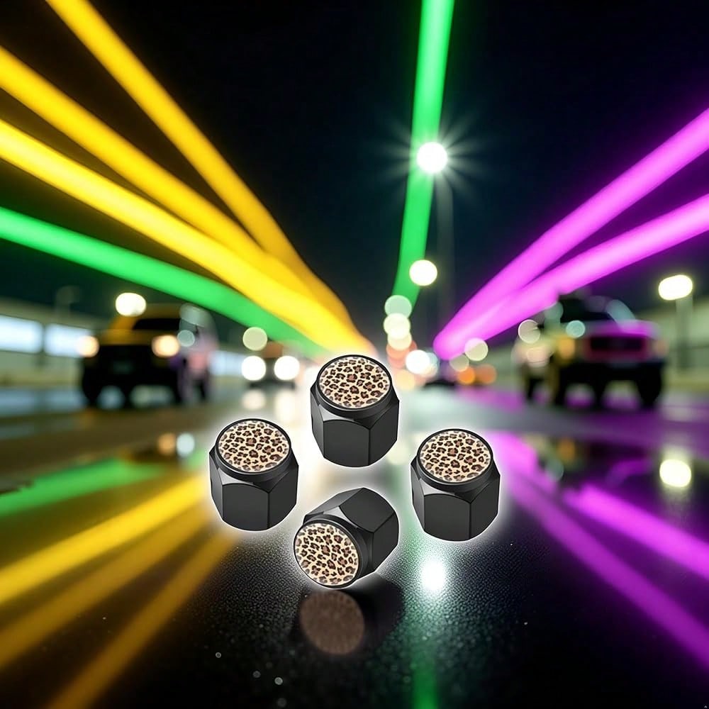 NEV- Tire Valve Stem Caps Cover,4 Pcs Metal Black Air Valve Cap, Aluminum Car Wheel Stem Caps,Universal Stem Covers For Cars,Trucks,Bikes,Motorcycles,Corrosion Resistant (Black Leopard Texture)