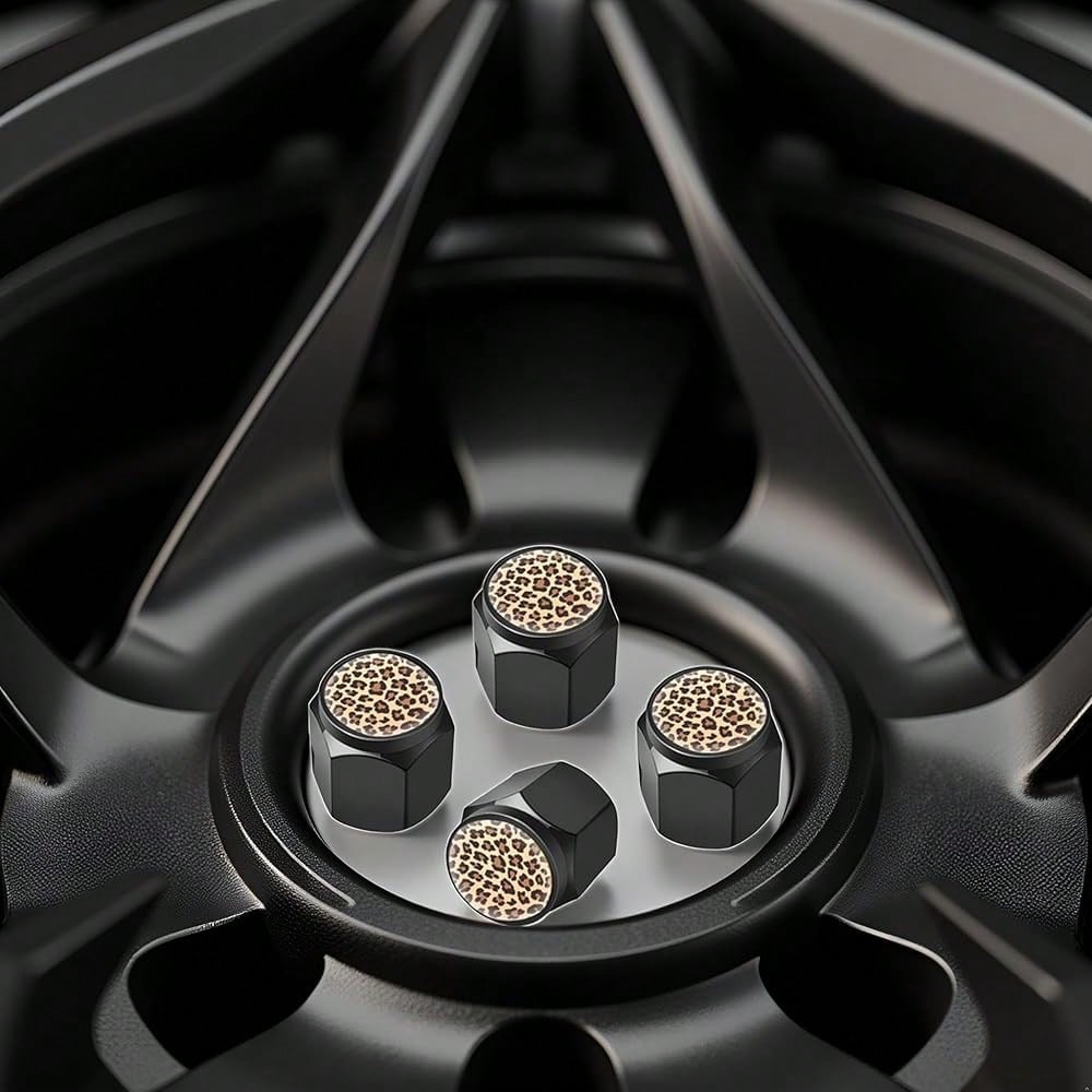 NEV- Tire Valve Stem Caps Cover,4 Pcs Metal Black Air Valve Cap, Aluminum Car Wheel Stem Caps,Universal Stem Covers For Cars,Trucks,Bikes,Motorcycles,Corrosion Resistant (Black Leopard Texture)