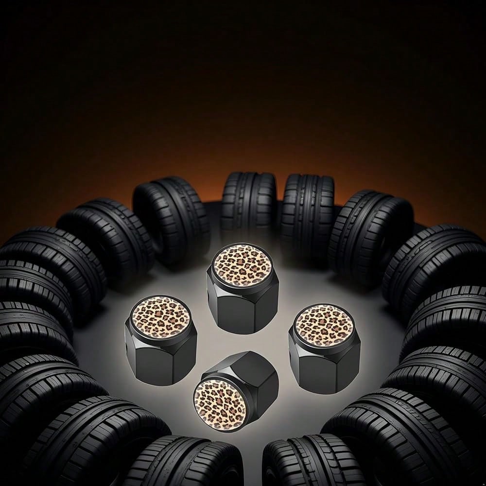 NEV- Tire Valve Stem Caps Cover,4 Pcs Metal Black Air Valve Cap, Aluminum Car Wheel Stem Caps,Universal Stem Covers For Cars,Trucks,Bikes,Motorcycles,Corrosion Resistant (Black Leopard Texture)