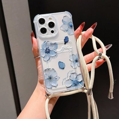 New 2-Piece Set: Blue Floral Oil Painting Card Holder With Studded Leather Lanyard, White Minimalist Shockproof Durable Full Coverage Phone Case Compatible With Apple