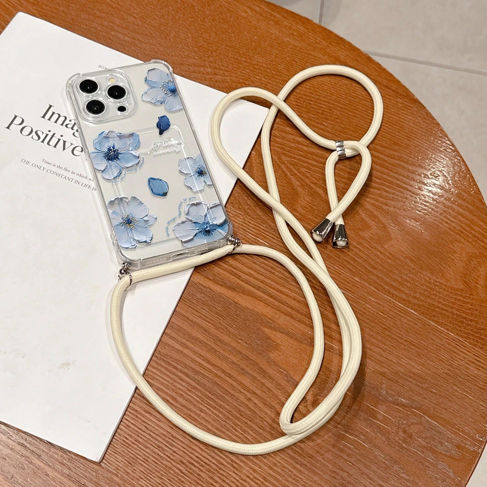 New 2-Piece Set: Blue Floral Oil Painting Card Holder With Studded Leather Lanyard, White Minimalist Shockproof Durable Full Coverage Phone Case Compatible With Apple