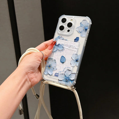 New 2-Piece Set: Blue Floral Oil Painting Card Holder With Studded Leather Lanyard, White Minimalist Shockproof Durable Full Coverage Phone Case Compatible With Apple