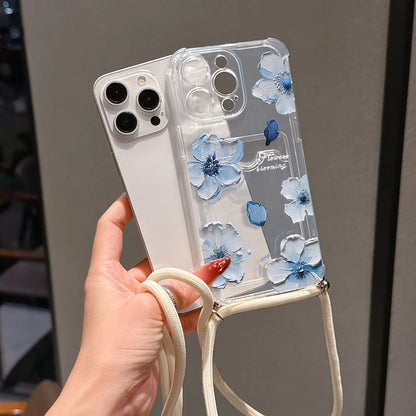 New 2-Piece Set: Blue Floral Oil Painting Card Holder With Studded Leather Lanyard, White Minimalist Shockproof Durable Full Coverage Phone Case Compatible With Apple