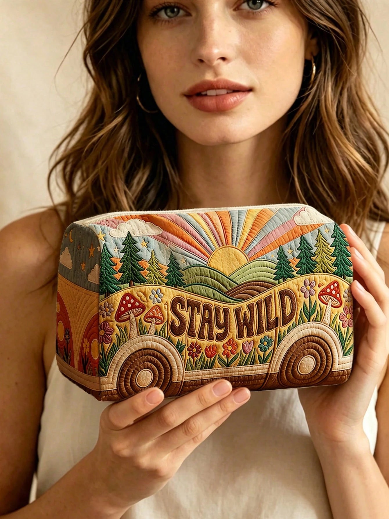 New 2D "STAY WILD" Bus & Forest Pattern Quilted Makeup Bag, Lightweight & Portable, Stackable Storage; Breathable Mesh & Washable Lining; Suitable For Storing Makeup Brushes, Lipsticks, Skincare Bottl