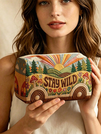 New 2D "STAY WILD" Bus & Forest Pattern Quilted Makeup Bag, Lightweight & Portable, Stackable Storage; Breathable Mesh & Washable Lining; Suitable For Storing Makeup Brushes, Lipsticks, Skincare Bottl
