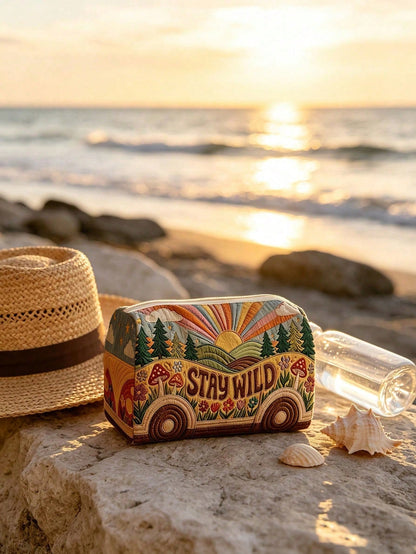 New 2D "STAY WILD" Bus & Forest Pattern Quilted Makeup Bag, Lightweight & Portable, Stackable Storage; Breathable Mesh & Washable Lining; Suitable For Storing Makeup Brushes, Lipsticks, Skincare Bottl