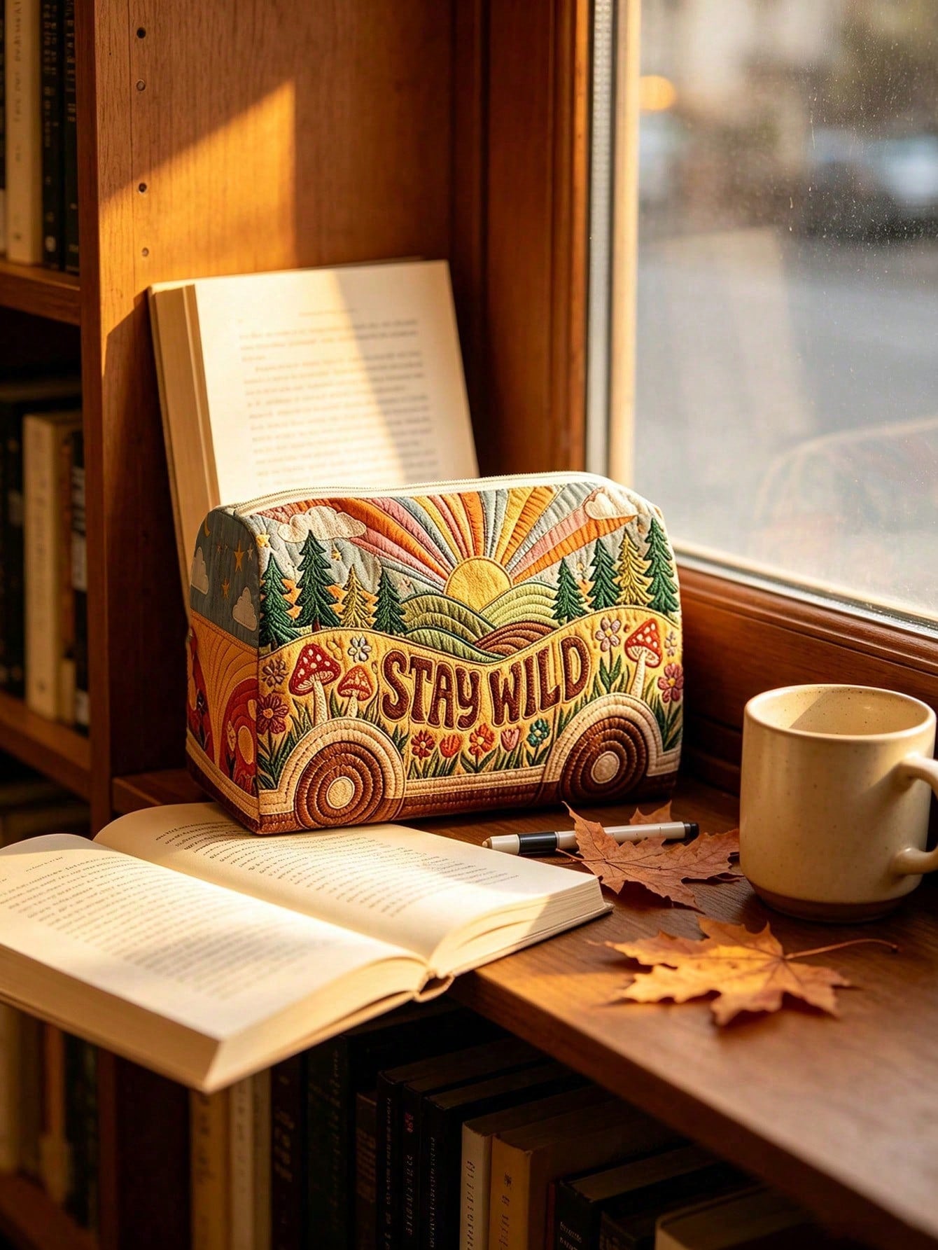 New 2D "STAY WILD" Bus & Forest Pattern Quilted Makeup Bag, Lightweight & Portable, Stackable Storage; Breathable Mesh & Washable Lining; Suitable For Storing Makeup Brushes, Lipsticks, Skincare Bottl