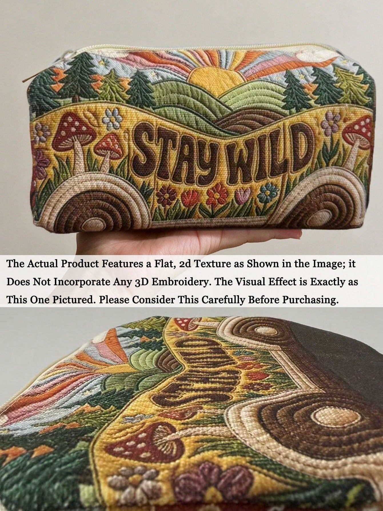 New 2D "STAY WILD" Bus & Forest Pattern Quilted Makeup Bag, Lightweight & Portable, Stackable Storage; Breathable Mesh & Washable Lining; Suitable For Storing Makeup Brushes, Lipsticks, Skincare Bottl