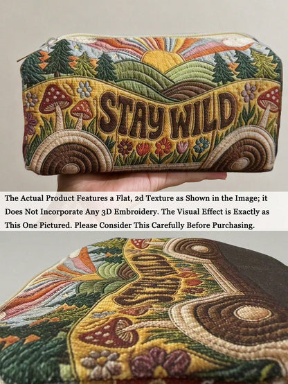 New 2D "STAY WILD" Bus & Forest Pattern Quilted Makeup Bag, Lightweight & Portable, Stackable Storage; Breathable Mesh & Washable Lining; Suitable For Storing Makeup Brushes, Lipsticks, Skincare Bottl