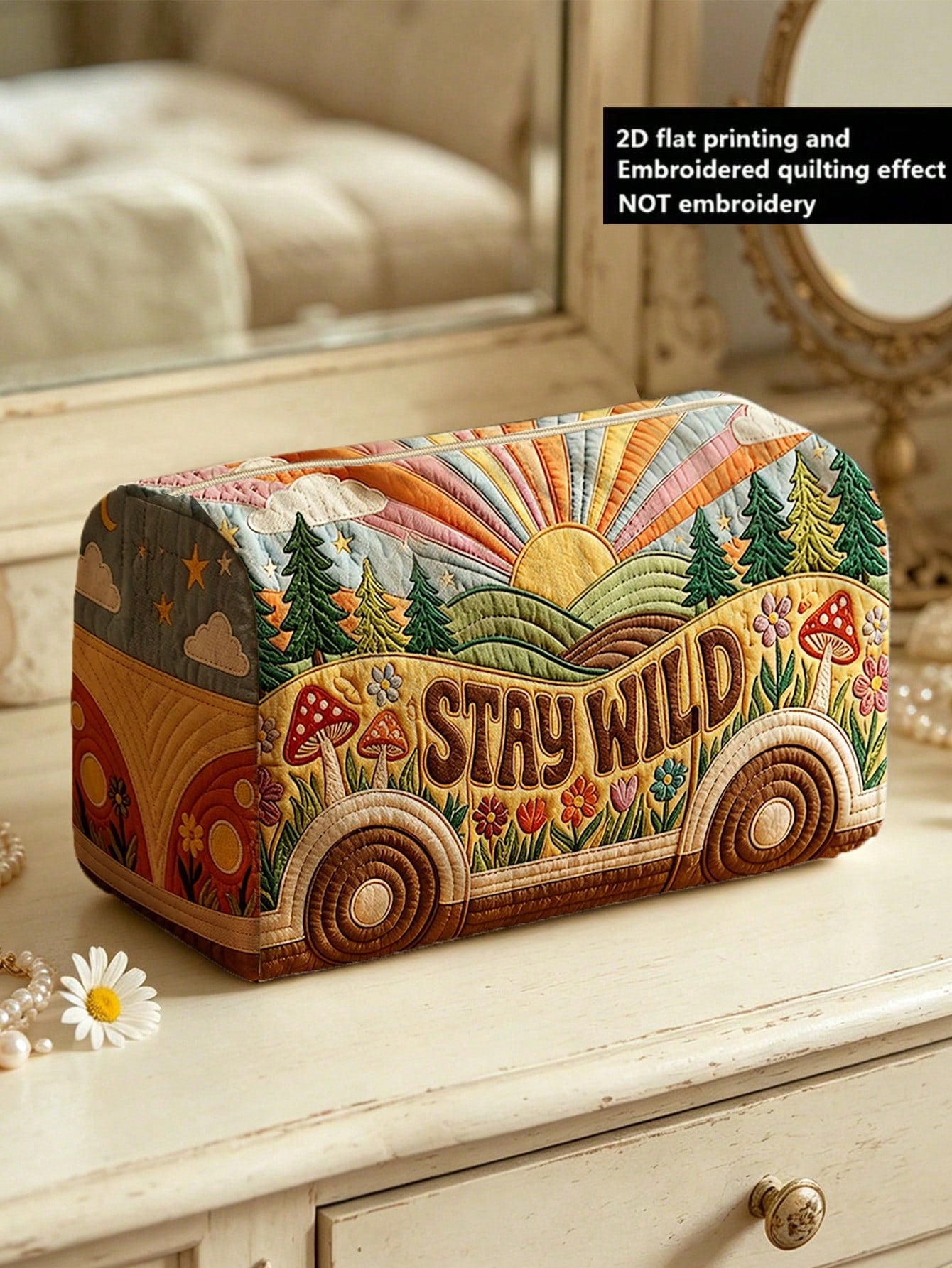 New 2D "STAY WILD" Bus & Forest Pattern Quilted Makeup Bag, Lightweight & Portable, Stackable Storage; Breathable Mesh & Washable Lining; Suitable For Storing Makeup Brushes, Lipsticks, Skincare Bottl