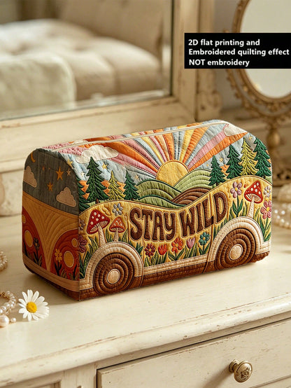 New 2D "STAY WILD" Bus & Forest Pattern Quilted Makeup Bag, Lightweight & Portable, Stackable Storage; Breathable Mesh & Washable Lining; Suitable For Storing Makeup Brushes, Lipsticks, Skincare Bottl