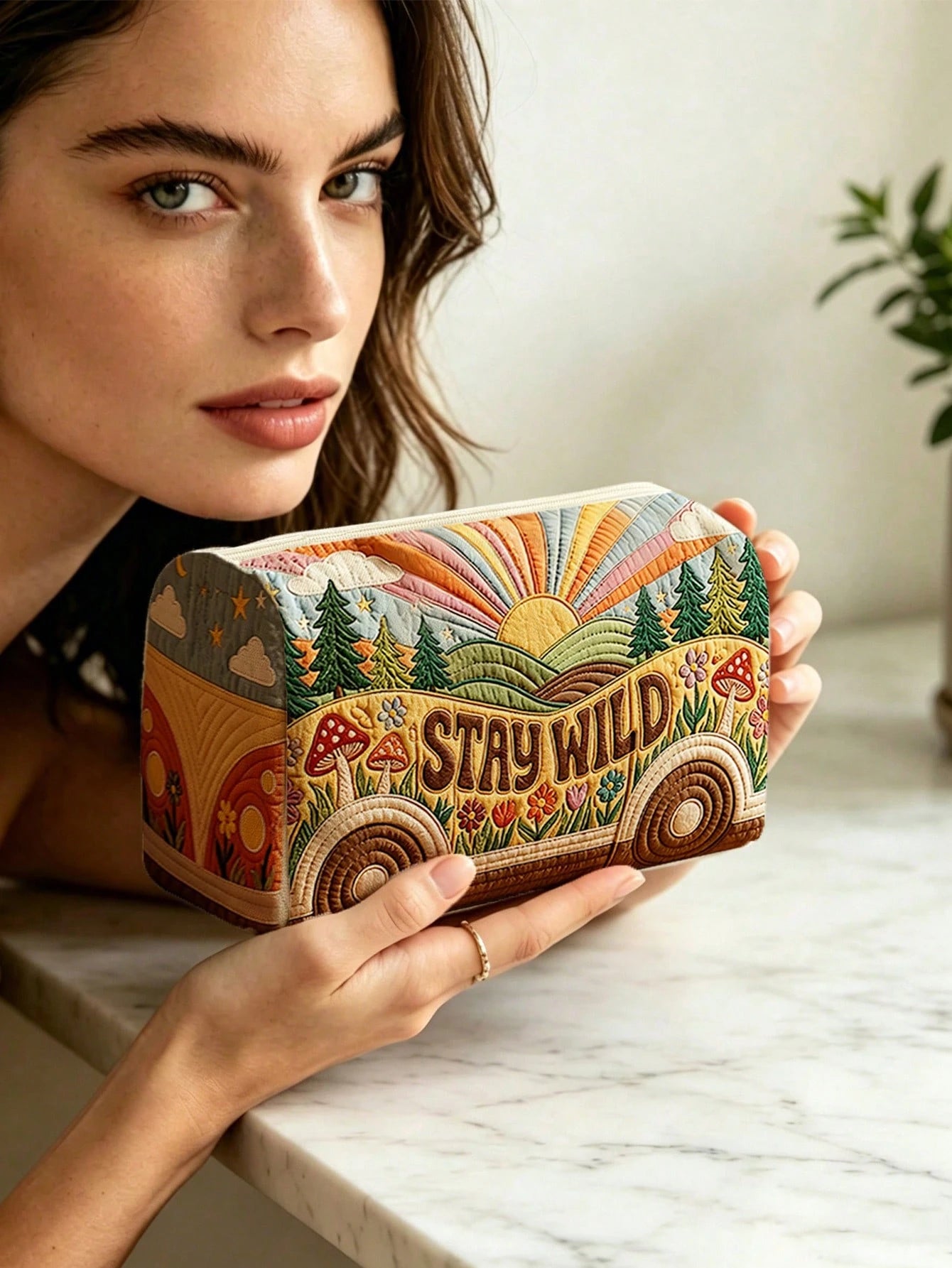 New 2D "STAY WILD" Bus & Forest Pattern Quilted Makeup Bag, Lightweight & Portable, Stackable Storage; Breathable Mesh & Washable Lining; Suitable For Storing Makeup Brushes, Lipsticks, Skincare Bottl