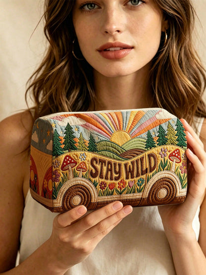 New 2D "STAY WILD" Bus & Forest Pattern Quilted Makeup Bag, Lightweight & Portable, Stackable Storage; Breathable Mesh & Washable Lining; Suitable For Storing Makeup Brushes, Lipsticks, Skincare Bottl