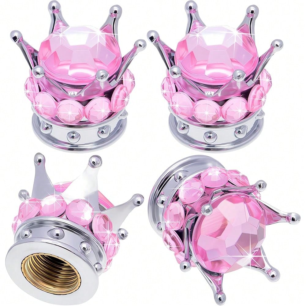 NEW- 4PCS Crown Bling Tire Stem Valve Caps, Crystal Diamond Car Wheel Tire Valve Caps Universal Copper Core Stem Covers For Cars, SUV, Trucks, Bikes, Motorcycles, Bicycles (Silver & Pink)