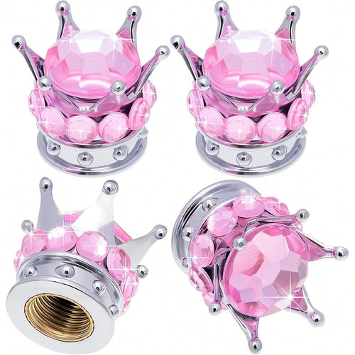 NEW- 4PCS Crown Bling Tire Stem Valve Caps, Crystal Diamond Car Wheel Tire Valve Caps Universal Copper Core Stem Covers For Cars, SUV, Trucks, Bikes, Motorcycles, Bicycles (Silver & Pink)