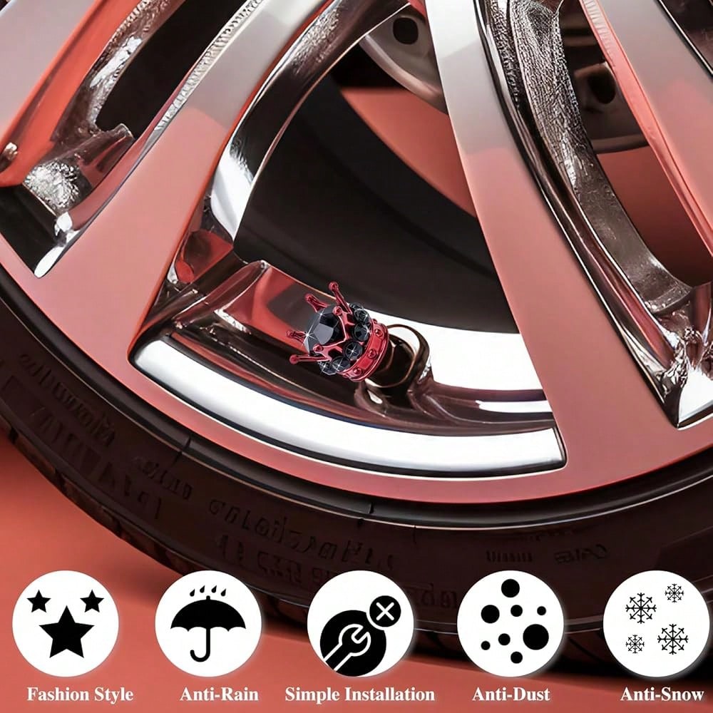 NEW- 4PCS Crown Bling Tire Stem Valve Caps, Crystal Diamond Car Wheel Tire Valve Caps Universal Copper Core Stem Covers For Cars, SUV, Trucks, Bikes, Motorcycles, Bicycles (Silver & Pink)