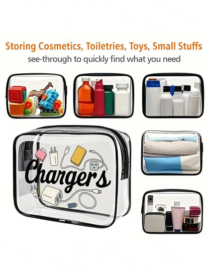 New Arrival: Exclusive Charging Device Organizer Bag- Transparent Toiletry Bag, Travel Essential, Portable Zippered Makeup Bag, Beach Transparent PVC Toiletry Bag, Waterproof Storage Bag, Transparent