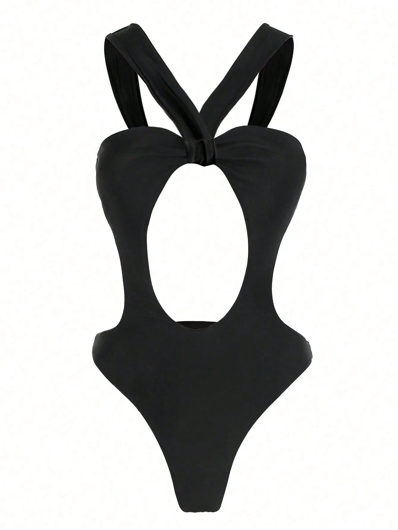 New Arrival Spring/Summer Sexy & Elegant Black Solid Color Hollow-Out One-Piece Swimsuit, Suitable For Beach, Party, Date Vacation