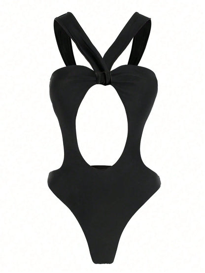 New Arrival Spring/Summer Sexy & Elegant Black Solid Color Hollow-Out One-Piece Swimsuit, Suitable For Beach, Party, Date Vacation