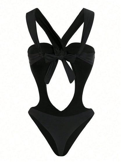 New Arrival Spring/Summer Sexy & Elegant Black Solid Color Hollow-Out One-Piece Swimsuit, Suitable For Beach, Party, Date Vacation