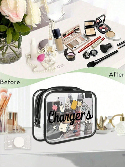 New Arrival! Universal Charger Travel Organizer- Transparent Toiletry Bag, Travel Essential, Portable Zipper Travel Makeup Bag, Beach Transparent PVC Toiletry Bag, Waterproof Storage Pouch, Transpare