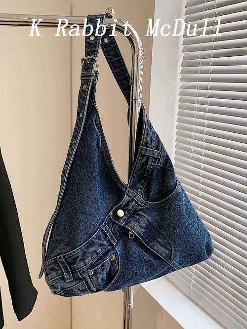 New Fashion Street Jeans Shoulder Bag, Versatile Commuting Large Capacity Women's Crossbody Bag, Casual Chic Washed Jeans Hobo Bag, Suitable For Commuting And Shopping., Perfect For Cow Girl