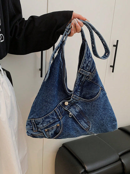 New Fashion Street Jeans Shoulder Bag, Versatile Commuting Large Capacity Women's Crossbody Bag, Casual Chic Washed Jeans Hobo Bag, Suitable For Commuting And Shopping., Perfect For Cow Girl