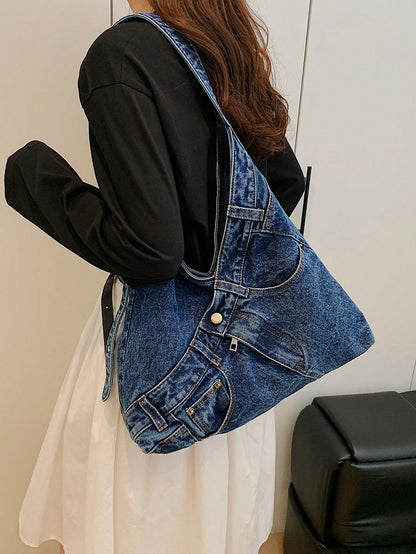 New Fashion Street Jeans Shoulder Bag, Versatile Commuting Large Capacity Women's Crossbody Bag, Casual Chic Washed Jeans Hobo Bag, Suitable For Commuting And Shopping., Perfect For Cow Girl