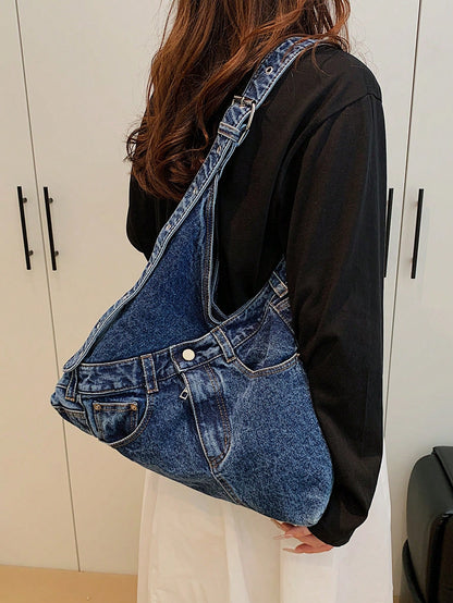 New Fashion Street Jeans Shoulder Bag, Versatile Commuting Large Capacity Women's Crossbody Bag, Casual Chic Washed Jeans Hobo Bag, Suitable For Commuting And Shopping., Perfect For Cow Girl