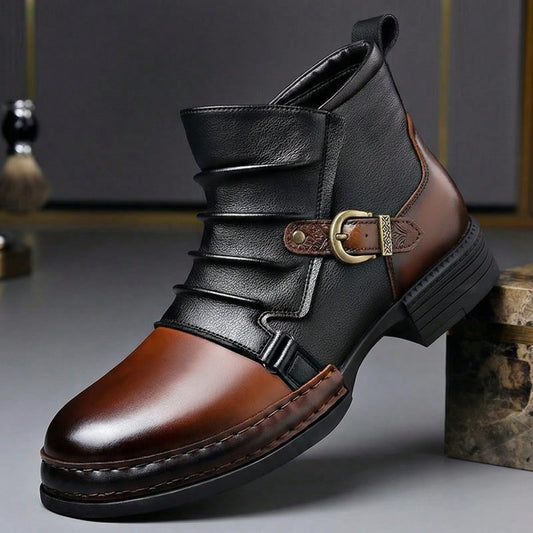 New Men's Plus Size Thick Soled Contrasting Stitching Ankle Boots, Pleated Texture Metallic Texture Street Casual Shoes
