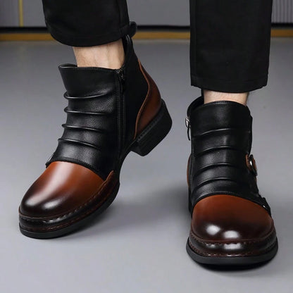 New Men's Plus Size Thick Soled Contrasting Stitching Ankle Boots, Pleated Texture Metallic Texture Street Casual Shoes