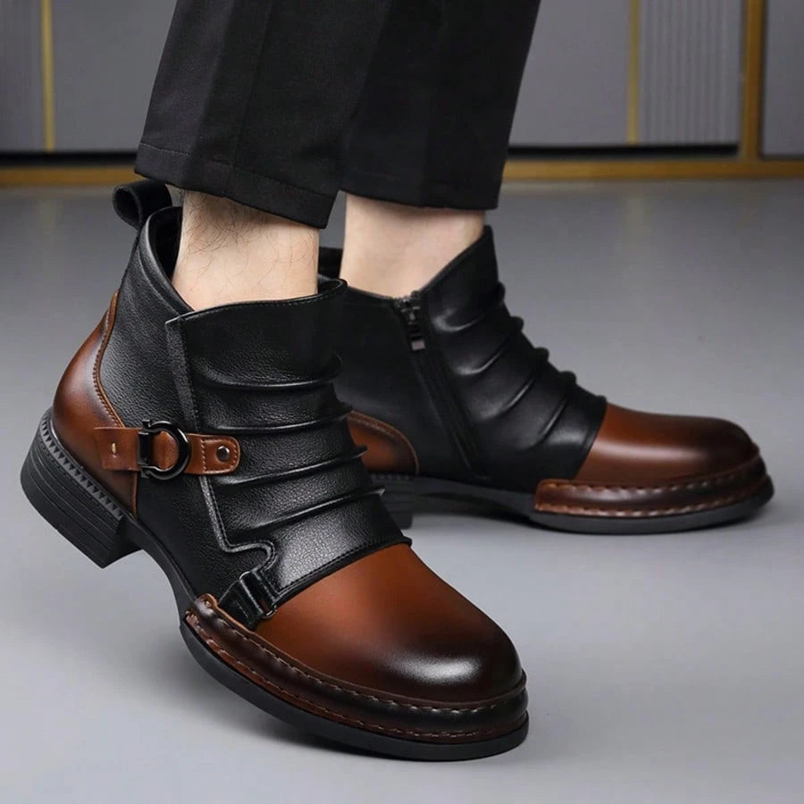 New Men's Plus Size Thick Soled Contrasting Stitching Ankle Boots, Pleated Texture Metallic Texture Street Casual Shoes