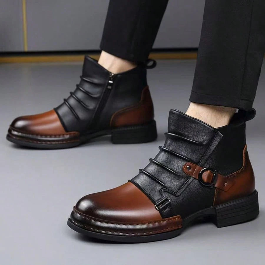 New Men's Plus Size Thick Soled Contrasting Stitching Ankle Boots, Pleated Texture Metallic Texture Street Casual Shoes