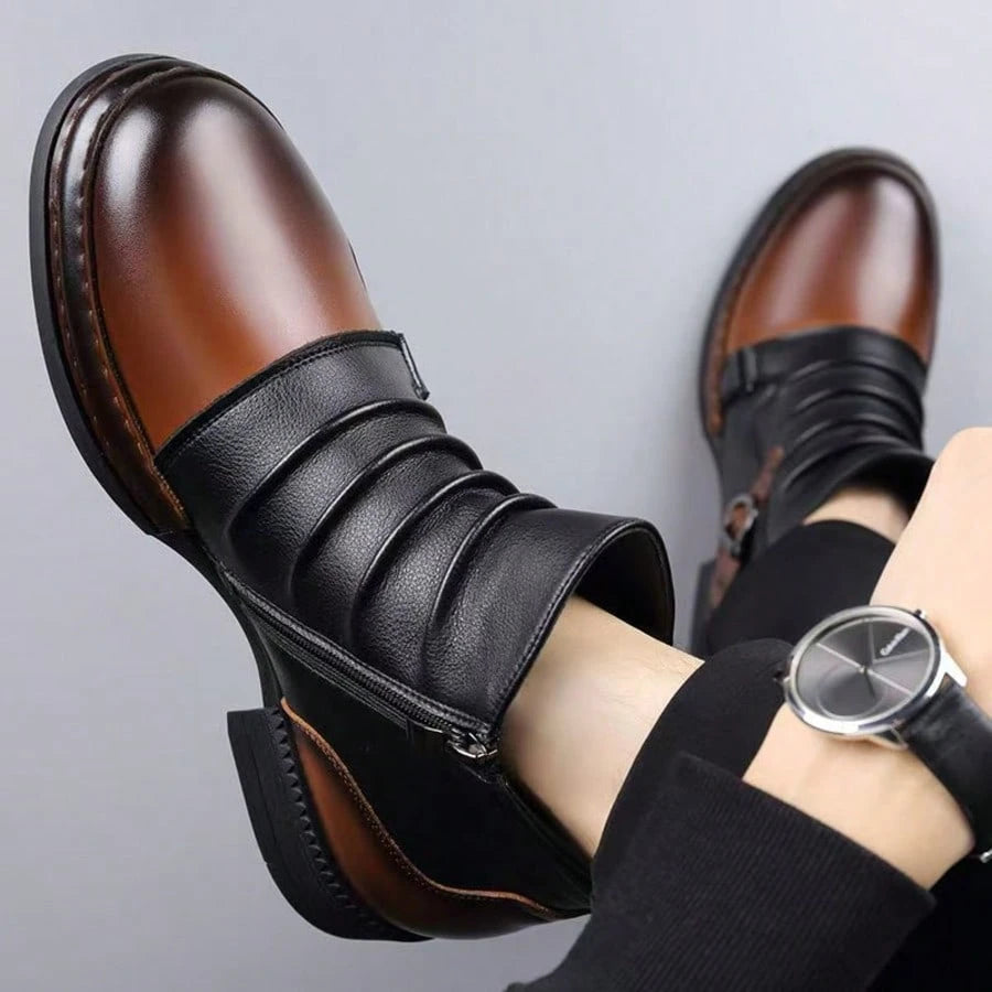 New Men's Plus Size Thick Soled Contrasting Stitching Ankle Boots, Pleated Texture Metallic Texture Street Casual Shoes