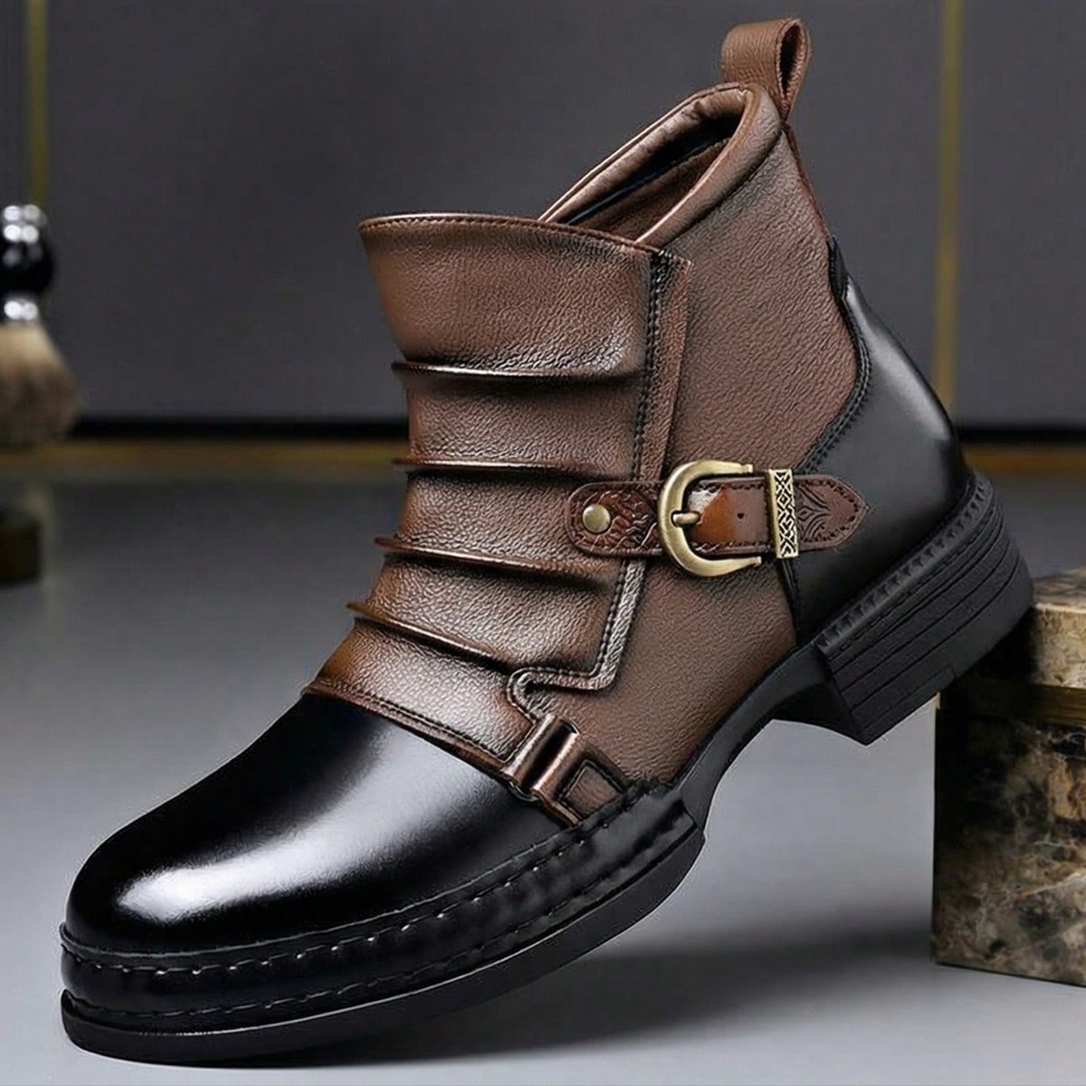 New Men's Plus Size Thick Soled Contrasting Stitching Ankle Boots, Pleated Texture Metallic Texture Street Casual Shoes