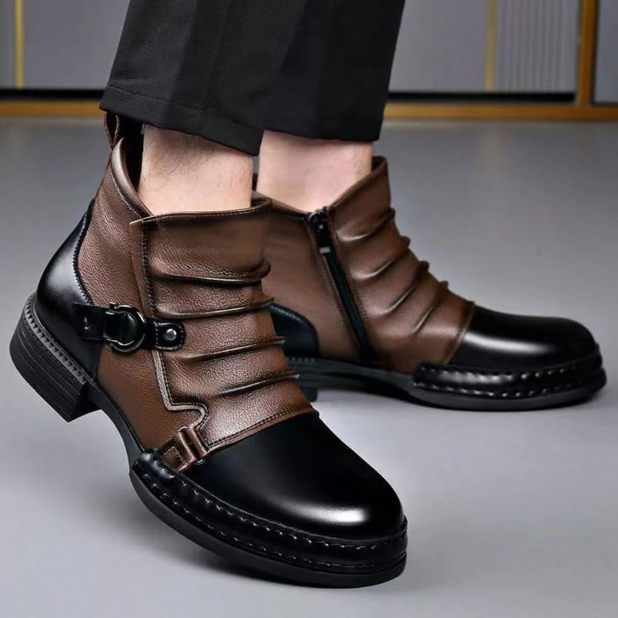 New Men's Plus Size Thick Soled Contrasting Stitching Ankle Boots, Pleated Texture Metallic Texture Street Casual Shoes