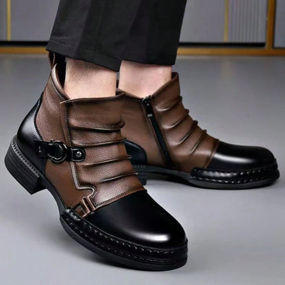 New Men's Plus Size Thick Soled Contrasting Stitching Ankle Boots, Pleated Texture Metallic Texture Street Casual Shoes