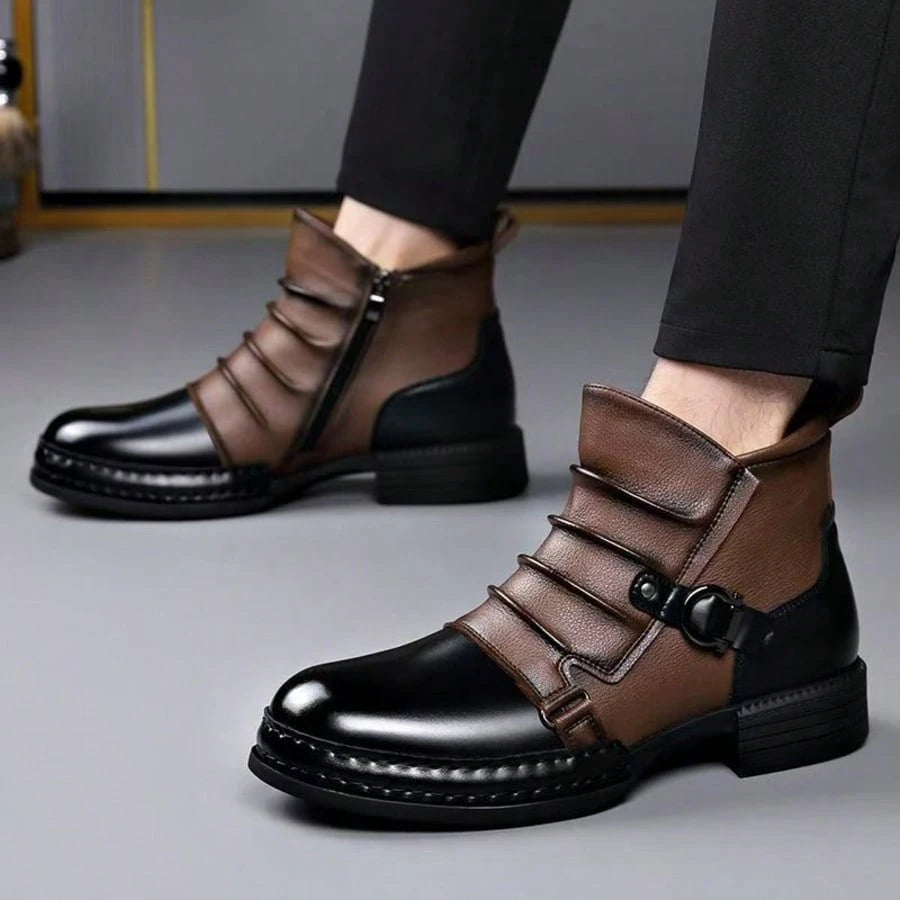 New Men's Plus Size Thick Soled Contrasting Stitching Ankle Boots, Pleated Texture Metallic Texture Street Casual Shoes