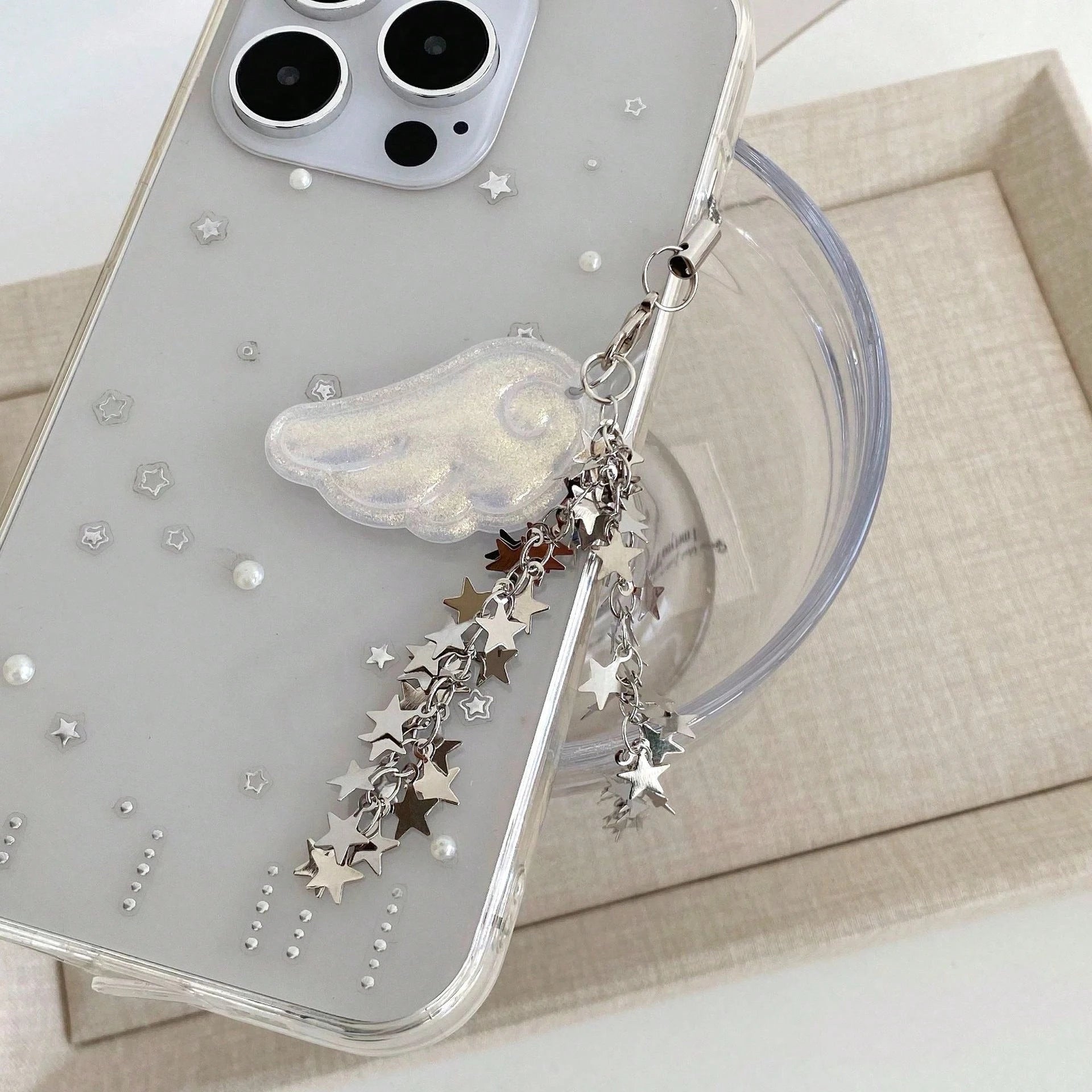 New Spring Glitter Angel Wings Star Chain Keychain, Y2K Magical Girl Style Bag Charm, Phone Lanyard, Phone Pendant, Earphone Case Decor, Bag Accessory, Aesthetic