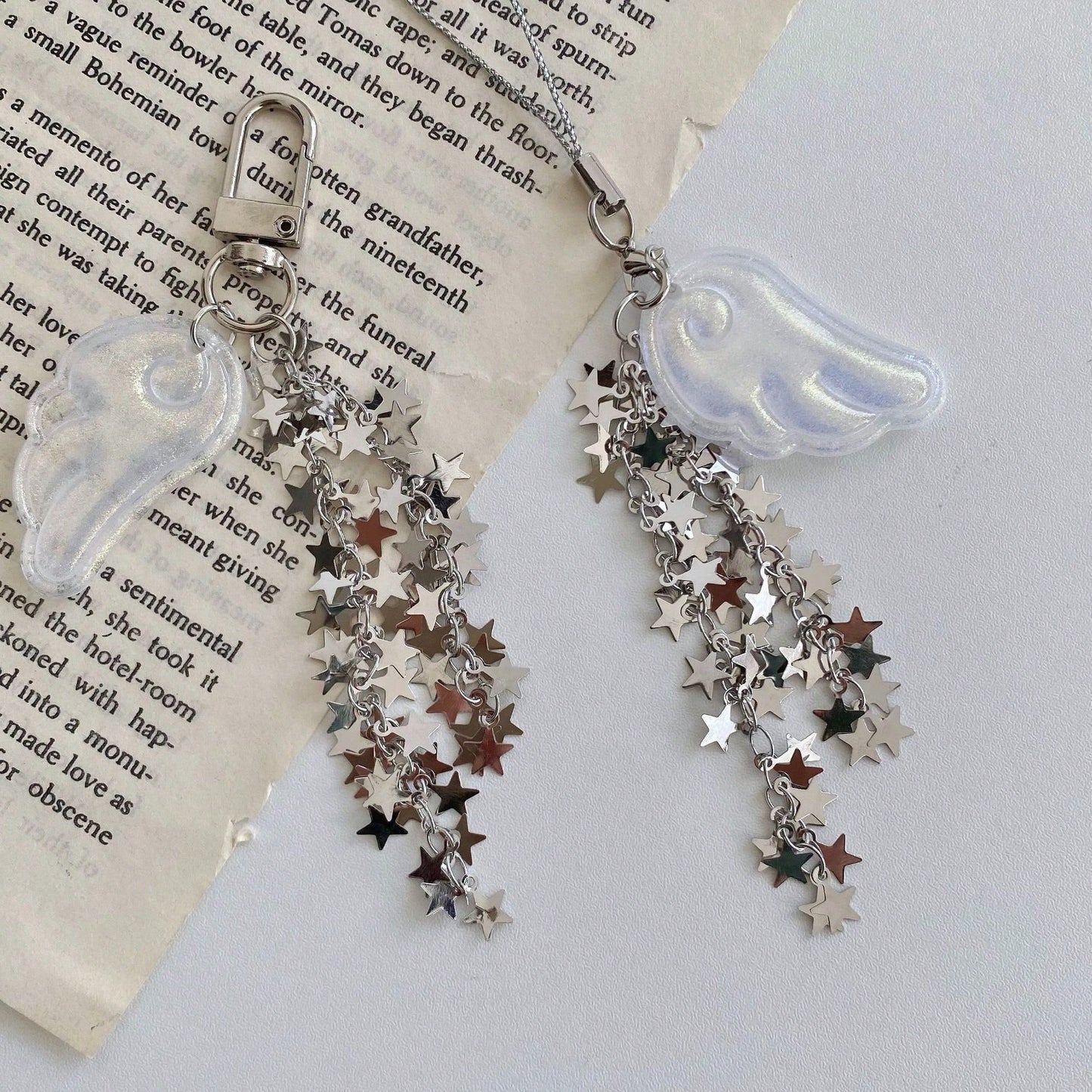 New Spring Glitter Angel Wings Star Chain Keychain, Y2K Magical Girl Style Bag Charm, Phone Lanyard, Phone Pendant, Earphone Case Decor, Bag Accessory, Aesthetic