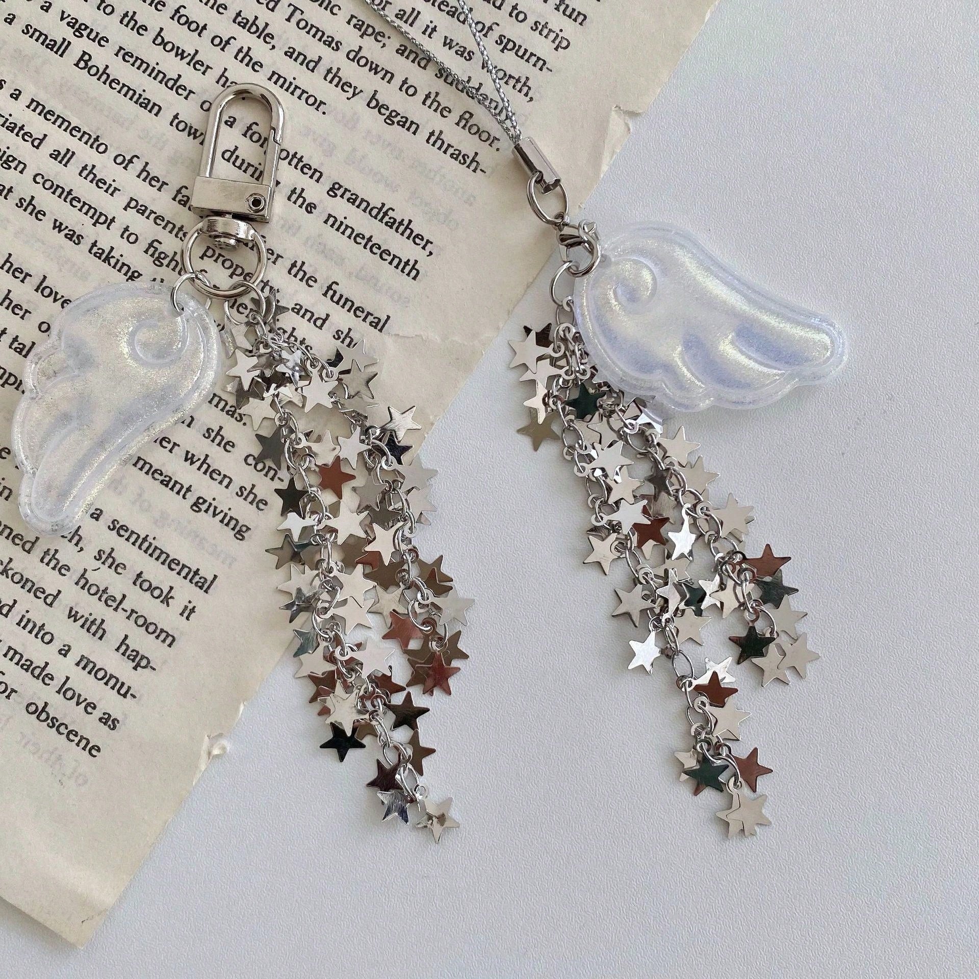 New Spring Glitter Angel Wings Star Chain Keychain, Y2K Magical Girl Style Bag Charm, Phone Lanyard, Phone Pendant, Earphone Case Decor, Bag Accessory, Aesthetic